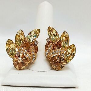 Eisenberg Ice Dazzling Earrings Champagne and Citrine Crystal Rhinestone Clip On